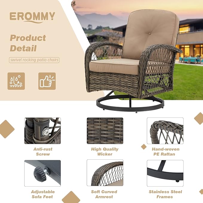 EROMMY 5 Pieces Outdoor Swivel Rocker Patio Chairs, 360 Degree Rocking Patio Conversation Set with Thickened Cushions, Glass Coffee Table and Ottomans for Backyard, Khaki