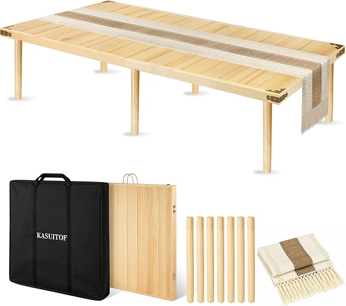 Boho Folding Picnic Table with Table Runner, 59.4" x 28.3" Wooden Low Portable Table with Carrying Handle, 2 Height Settings 14.6/17 Inches for Beach Camping BBQs