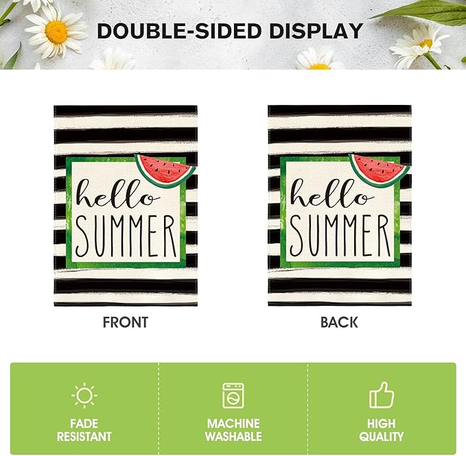 AVOIN colorlife Watercolor Stripes Hello Summer Watermelon Garden Flag Double Sided Outside, Holiday Party Yard Outdoor Decoration 12 x 18 Inch