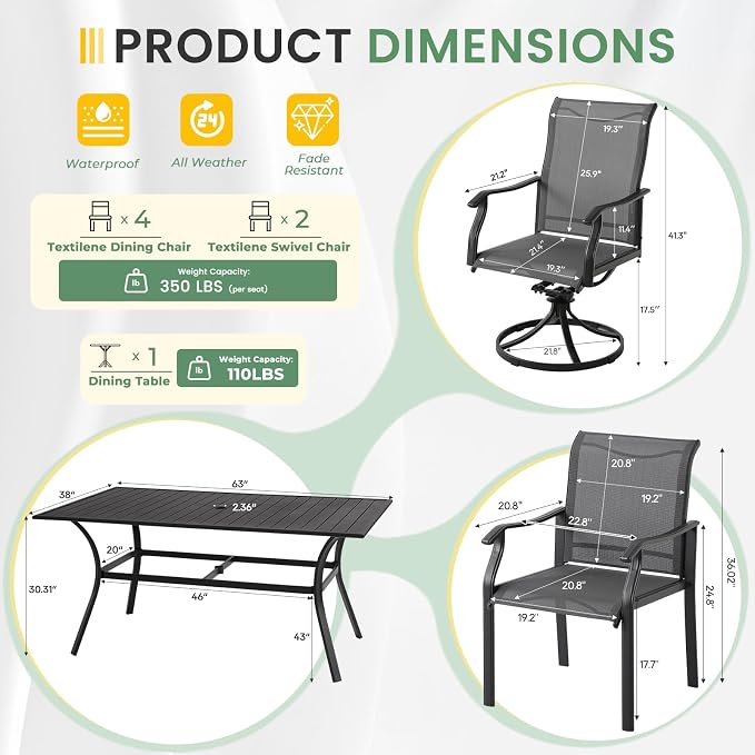 LVUYOYO 7-Piece Outdoor Patio Dining Set, Textilene Swivel Dining Chairs & Rectangular Table Set, All-Weather Table and Chairs Set with Umbrella Hole for Backyard, Garden,Balcony,Porch (Gray)