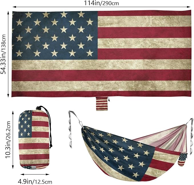 American Flag Camping Hammock, Portable Lightweight Single Hammock with Tree Straps and Aluminum Carabiners, 114" x 54" Travel Hammock for Hiking Backpacking Beach