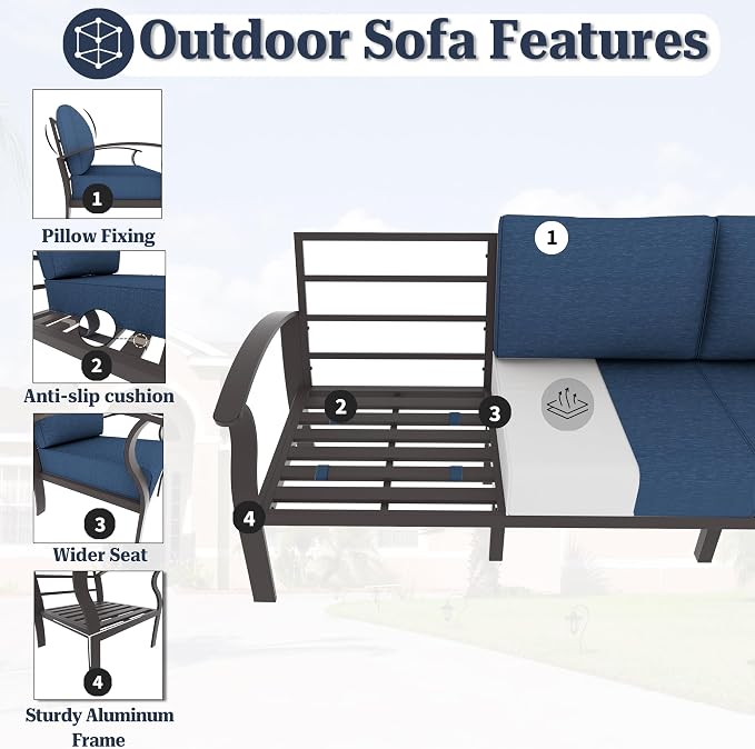 Kurapika Aluminum Patio Furniture Set 5-Seat Modern Metal Outdoor Conversation Sets w/45in Propane Fire Pit Table, w/5.1 Inch Cushion Patio Sectional Sofa with 2 Ottomans, Navy Blue