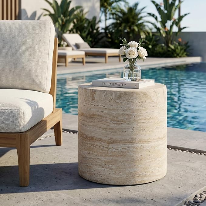 Outdoor Side Table Marble Cylinder Side Table Travertine End Tables Faux Stone Small Coffee Tables for Patio, Garden Stool Plant Stand for Porch Backyard, ﻿﻿Weather Resistant, MgO, Beige