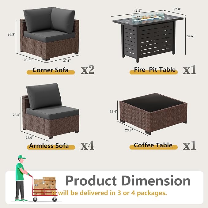 LOUVIXA 8 Piece Outdoor Patio Furniture Set, Outdoor Sectional Sofa with Firepit Table, Wicker Rattan Patio Furniture, Patio Conversation Set with Coffee Table & Cushions