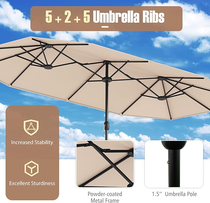 Tangkula 13FT Double-sided Patio Umbrella, Extra Large Twin Table Umbrella with Crank Handle, Umbrella Base, Safety Lock, Air Vent, Outdoor Market Umbrella for Garden Pool Backyard (Beige)
