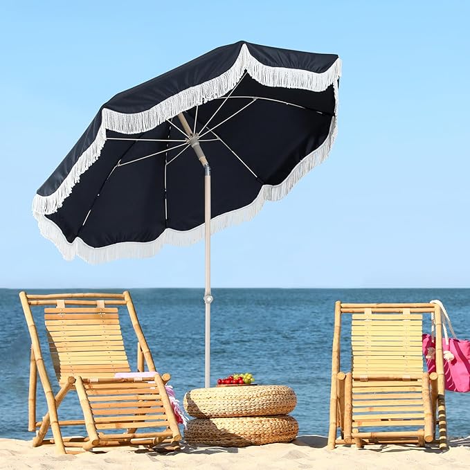 Tempera 7ft Boho Beach & Patio Umbrella with Fringe, Market Umbrellas with UPF 50+ UV & Water-Resistant Canopy, 1.5" Wood Pole & Button Tilt.