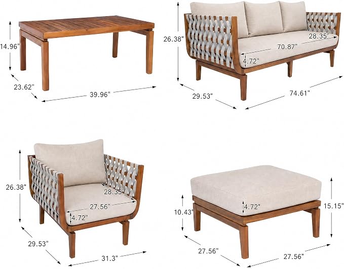 Christopher Knight Home Gwen 4 Piece Acacia Wood Patio Conversation Set with Sofa, Coffee Table, Ottoman and Club Chair, Patio Sofa Set with Cushions, Outdoor Patio Furniture Set for 5, Teak+Beige