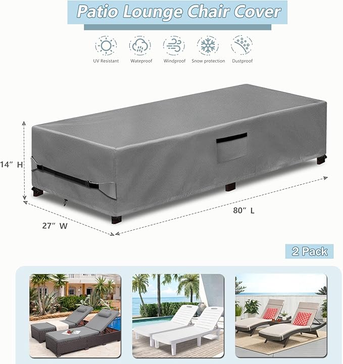 Outdoor Chaise Lounge Covers 2 Pack,Heavy Duty 600D Tear-Resistant Lounge Chair Cover Waterproof Outdoor,All-Weather Protection Patio Chaise Lounge Covers,80" L x 28" W x 14" H,Grey