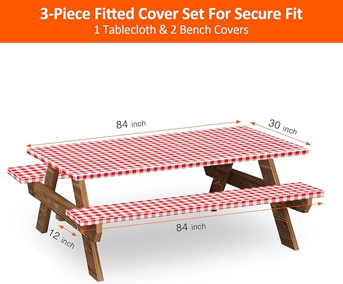 KENOBEE 7ft Picnic Table and Bench Cover, Camping Essentials RV Gear, 84 in Waterproof Windproof Outdoor Elastic All Around Tablecloth, Fitted Rectangle Tables and Seats, Red-White Checkered