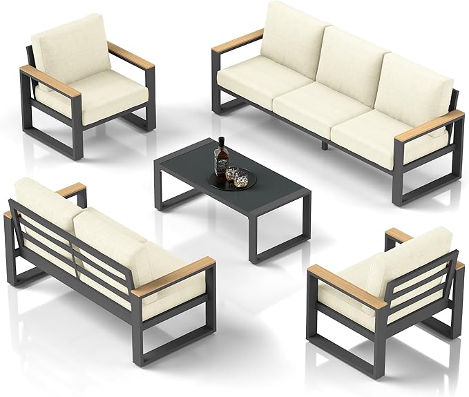 RoyalCraft Aluminum Patio Furniture, 7-Seats Metal Outdoor Furniture Set with Coffee Table, Modern Patio Sofa Sets Outdoor Conversation Set for Pool Garden Porch Backyard, Beige