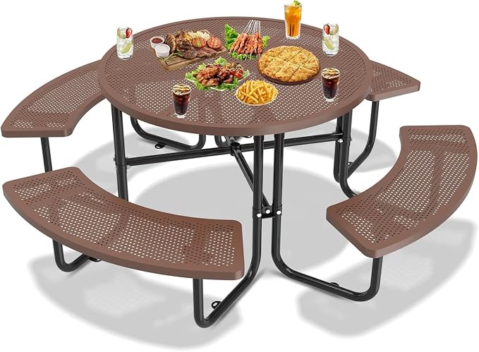 46'' Round Outdoor Metal Picnic Table Expanded,Lifetime Steel Picnic Table with Umbrella Hole,Heavy Duty Sturdy Commercial for Patio, Backyard, Garden, DIY (Includes 4 Built-in Benches),Coffee