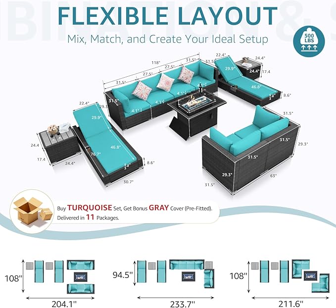 NICESOUL 11 Piece Sectional Patio Set with Loungers, Backyard Seating with Firepit, Comfy 29.3'' High-Back Deep Outdoor Couch Sofa, Heavy Duty All-Weather Wicker Furniture for Exterior, Grey & Teal