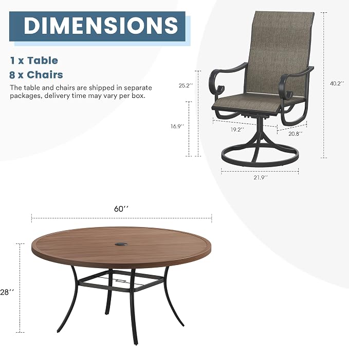 DIFY 9 Pieces Outdoor Dining Set for 8, Outdoor Furniture Set of 8 Brown Textilene Swivel Patio Chairs, 60" Walnut Round Metal Dining Table with Umbrella Hole, for Garden Deck Backyard
