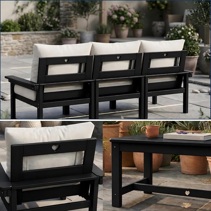 HDPE 3 Piece Patio Furniture Set, All-Weather Outdoor Couch Bistro Set with Thick Cushions & Side Table, Patio Conversation Sets for Lawn, Garden, Porch, Balcony, Deck, Poolside, Black & Beige