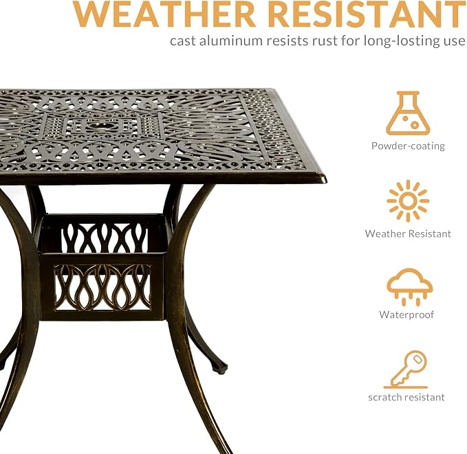5-Piece Outdoor Patio Dining Set, All-Weather Cast Aluminum Patio Furniture Set for Backyard Garden Deck with 4 Chairs, 4 Cushions and 35.4” Square Table, 2.2" Umbrella Hole, Red