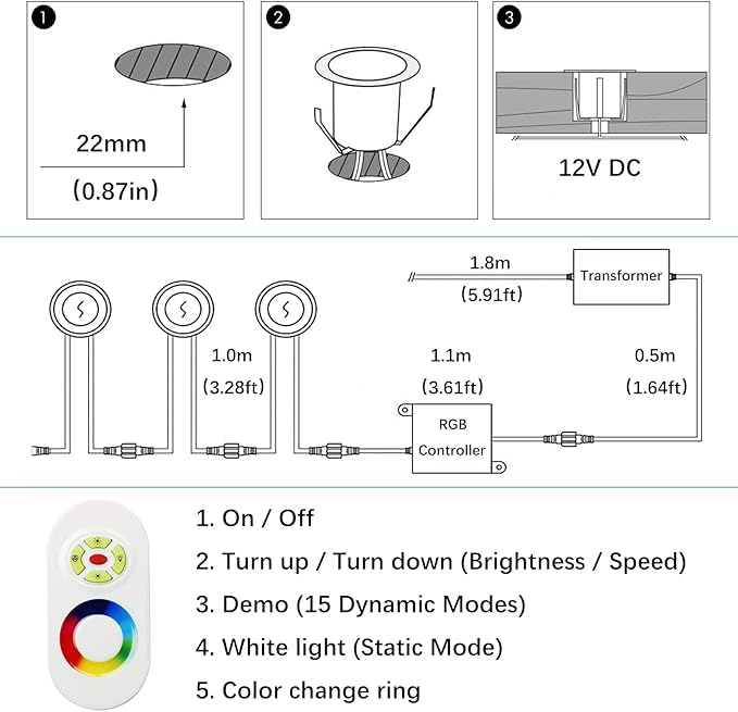 LED Outdoor Deck Lights Kits, Φ1.18in RGB 20 Pack Silver, Low Voltage 12 Volt DC IP67 Waterproof, Multi Color Changing Remote Dimmable, Electric Wired Recessed Stair Step Landscape Lighting