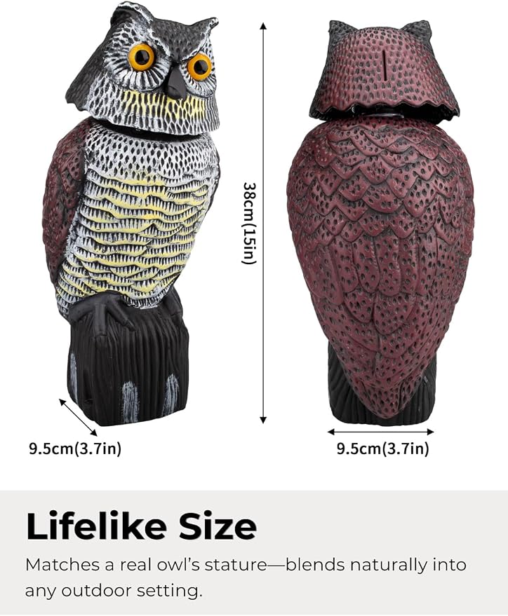 Garden Fake Owl Sculpture with 360° Rotating Head, Waterproof Garden Owl | Realistic Large Outdoor Owl Statue for Yard Patio Balcony Roof Barn Driveway Garden Pool