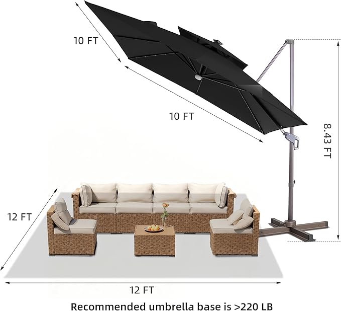 JZAC & QZYD 9x9 FT Outdoor Cantilever Patio Umbrella with Solar LED Lights, Large Heavy Duty 2-Tier Canopy Square Aluminum Offset Umbrellas with 360-Degree Rotation for Pool Deck Backyard, Black