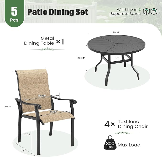 UDPATIO 5 Piece Outdoor Patio Table and Chairs Set for 4, 39" Black Round Table with Umbrella Hole, Brown Patio Chairs, Patio Table with Chairs, Outdoor Patio Dining Set for Lawn, Backyard, Deck
