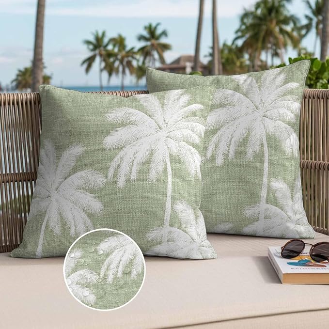 Outdoor Pillow Covers 20x20 Inch Set of 2, Sage Green Palm Trees Waterproof Throw Pillow Covers, Farmhouse Tropical Summer Beach Decorative Cushion Pillowcases for Couch, Sofa, Bed, Garden, Patio