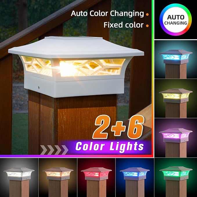APONUO Solar Post Cap Lights with 8 RGB Colors and Multicolor Flow, Ultra-Bright Clear Lens, IP65 Waterproof for 4x4 5x5 6x6 Wood & Vinyl Fence Posts, 12 Pack White