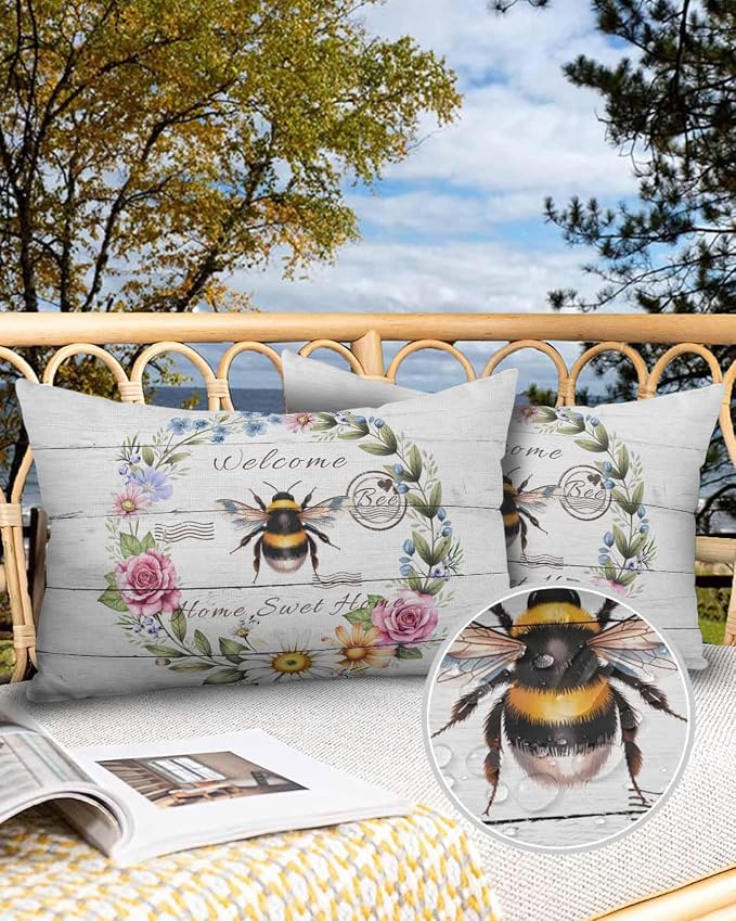 Outdoor Waterproof Throw Pillows Rustic Bee Flower Wreath Patio Pillows,Decorative Pillow Covers with Insert,Pillow Cushion Case for Garden Couch Sofa Farmhouse White Wood Board