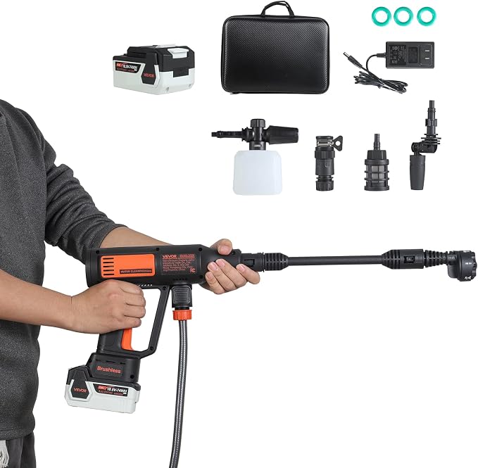 VEVOR Cordless Pressure Washer, 1200PSI MAX Portable Pressure Washer with Brushless Motor, Dual Batteries, 6-in-1 Nozzle & Water Hose, 4 Speed Adjustable, Handheld Power Cleaner for Home Garden Patio