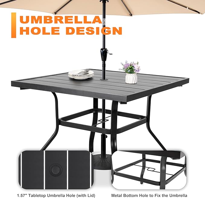 NUU GARDEN 5 Piece Patio Dining Set, Outdoor Metal Dining Table and Chairs with Umbrella Hole, All Weather Padded Textilene Chairs, Square Patio Table Set for Backyard, Deck, Garden, Light Grey
