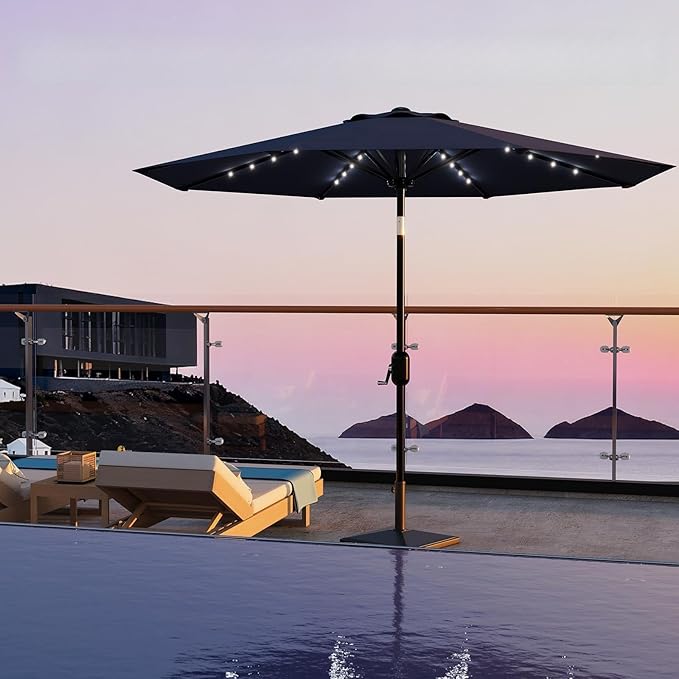 10 ft Patio Umbrella with Solar Lights, Outdoor LED Lighted Umbrella, 40 LED Lights & Tilt Crank, 8 Ribs for Poolside, Deck, Backyard