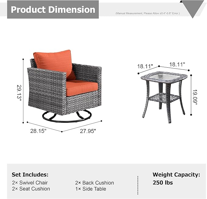 HOOOWOOO Wicker Outdoor Swivel Bistro Set for 2,3 Piece Patio Rocking Chairs and Table,All Weather Resistant Outside Out Door Rattan Rockers Furniture Set,Orange Red