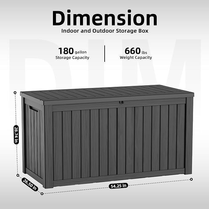 ROJIK 180 Gallon Deck Box Outdoor, Waterproof Outdoor Storage Boxes with Lids, Outside Resin Lockable Storage Box for Patio Cushions, Garden Tools(Black)