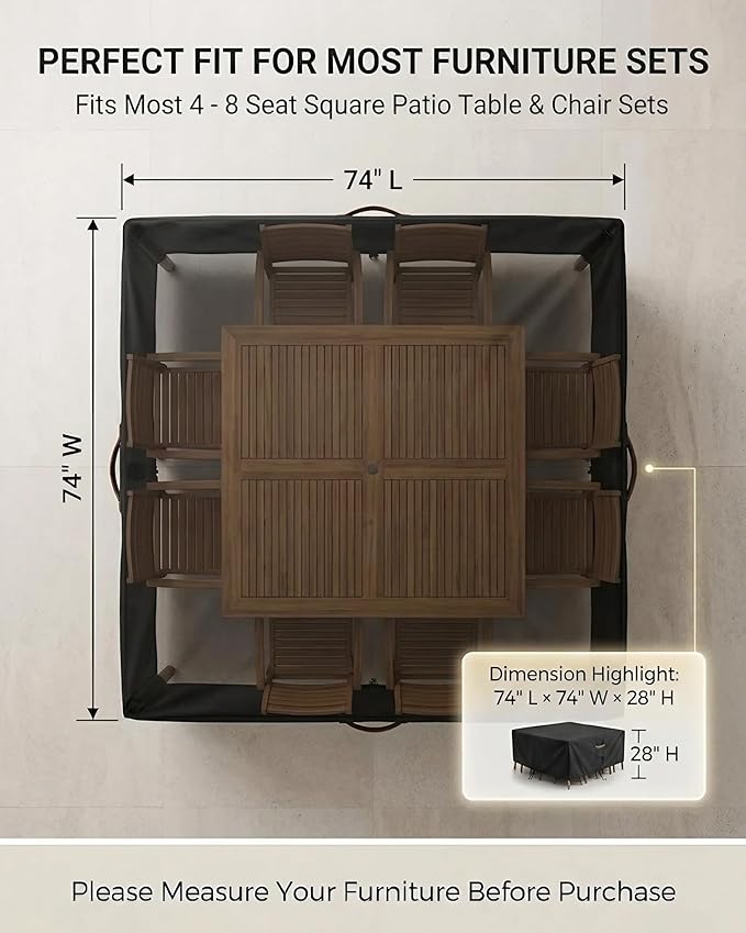 Outdoor Patio Furniture Cover Square, Heavy Duty 600D Waterproof Cover for Table & Chair Set or Sofa Set Covers, Windproof,UV Resistant, All-Season for Backyard,Deck,Garden,74" L x 74" W x 28" H,Black