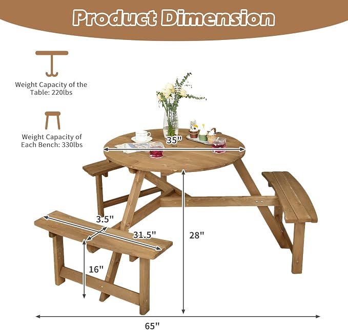 Tangkula 6 Person Wooden Picnic Table, Outdoor Round Picnic Table with 3 Built-in Benches, 1.5 Inch Umbrella Hole, Outside Wood Table and Bench Set for Garden, Backyard, Porch (Dark Brown)