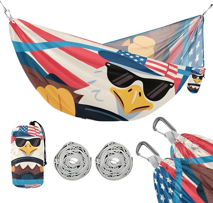 Cartoon Cute Brown Bird 4th of July Independence Day 330lb Capacity Outdoor Hammock with Portabl Carry Bag Portable Hammock for Outside Patio Garden macas mexicanas de Patio para Adulto