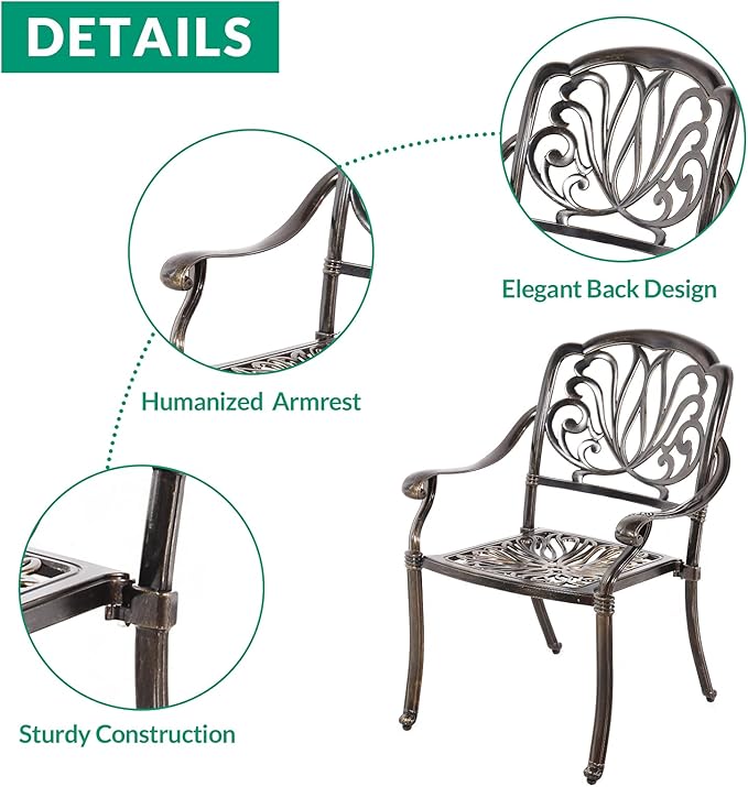 VIVIJASON 7 Pieces Cast Aluminum Outdoor Furniture Dining Set, Include 6 Chairs and a Rectangle Table with 2" Umbrella Hole, Patio Conversation Set for Lawn Garden Porch
