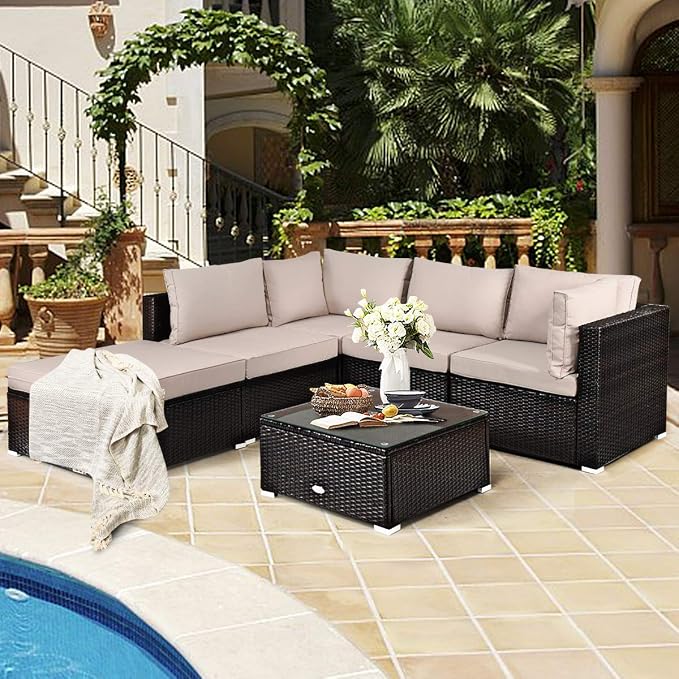 RELAX4LIFE 6-Piece Patio Sofa Set - Outdoor Sectional Sofa Set Wicker Conversation Set w/Table & Removable Cushions, Modular Sofa Set Patio Furniture for Backyard, Poolside, Balcony (Beige)