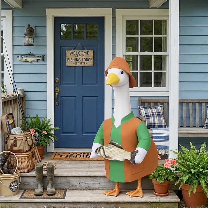 23" Porch Goose Outfits for Garden Yard Decor | Porch Goose Fisherman Outfit, Goose Clothes for Cement Duck for Summer Patio Party Decoration