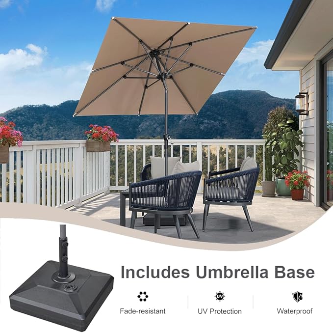 PURPLE LEAF 6.5' x 6.5' Square Patio Market Umbrella with Base Outdoor Table Umbrellas Aluminum Frame Sun Shade with 8 Sturdy Ribs Tilt for Garden Deck Lawn Pool Taupe