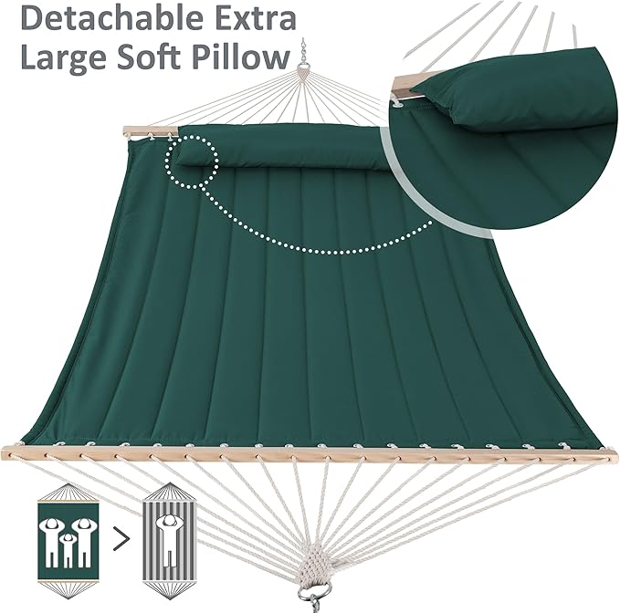 SUNCREAT 2 Person Hammocks for Outside with Stand, Extra Large Double Hammock with Wooden Stand, Dark Green