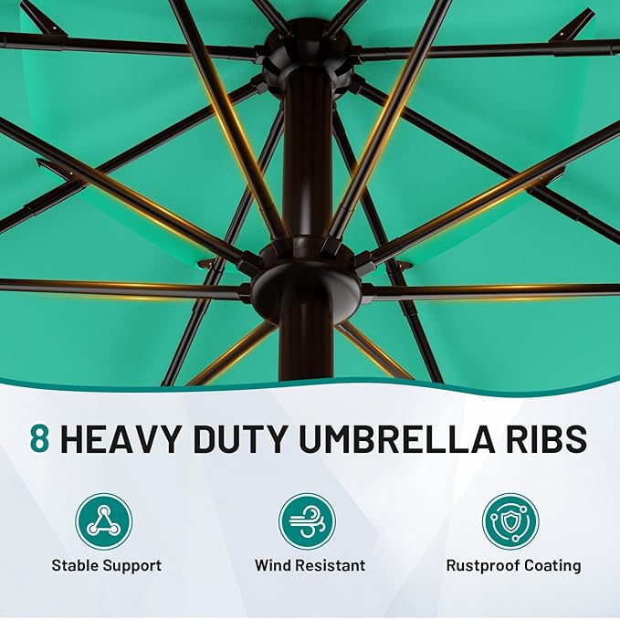 AreShark 9FT 3-Tiers Patio Umbrella with Valance, Outdoor Umbrellas with Crank/Tilt, Table Market Umbrella Vented w/ 8 Sturdy Ribs for Garden, Deck, Backyard, and Pool, Aqua Sky