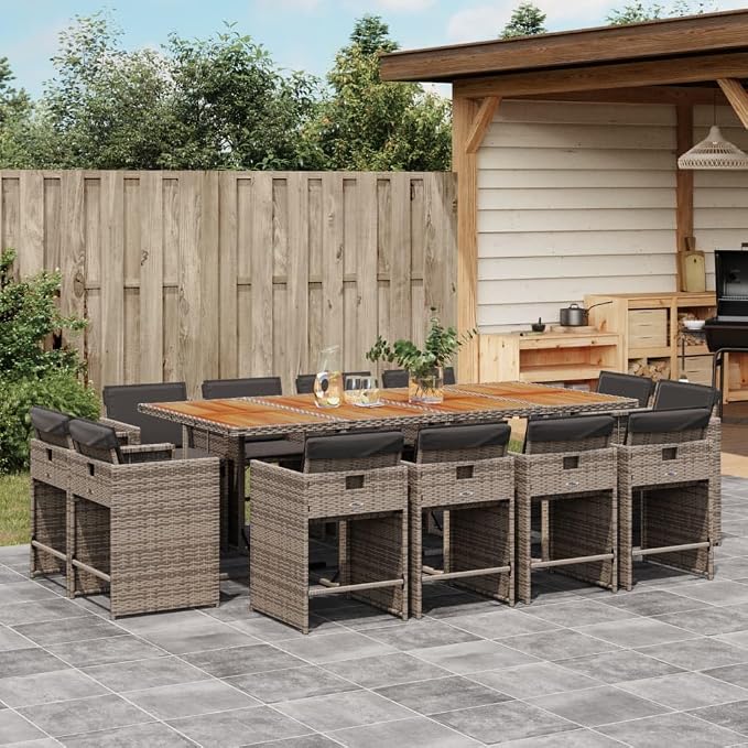 13 Piece Outdoor Dining Set with Cushions, Gray Poly Rattan Patio Furniture Set for 12, Folding Chairs, Acacia Wood Table for Backyard Garden