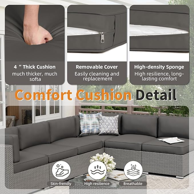 Oakcloud 8-Piece Outdoor Patio Furniture Sofa Set with 45” Propane Gas Fire Pit Table, Grey Rattan Wicker Sectional Conversation Sets with Glass Top Tables and Cushions(Grey, w/Fire Pit Table)