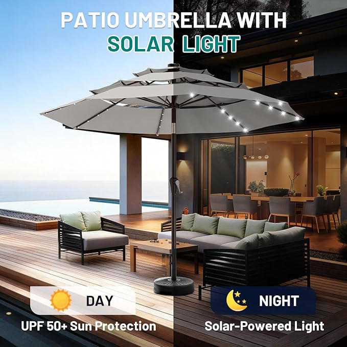 AreShark 9ft 3 Tiers Patio Umbrella with Solar Lights, Outdoor Umbrella w/ 32 LED Lights&8 Sturdy Ribs, Table Umbrella for Deck, Backyard, Pool (Light Gray)