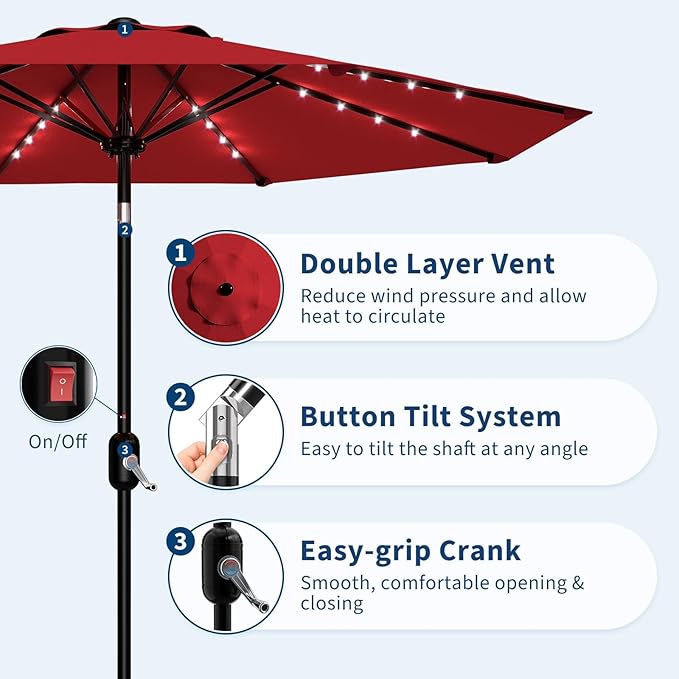 10 ft Patio Umbrella with Solar Lights, Outdoor LED Lighted Umbrella, 40 LED Lights & Tilt Crank, 8 Ribs for Poolside, Deck, Backyard