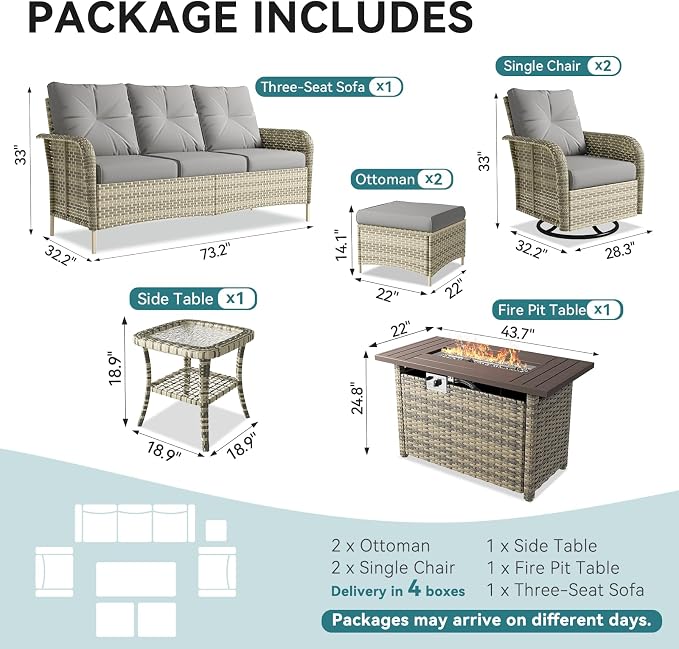 LazySunsets 9 Piece Outdoor Patio Furniture Set with 44'' Fire Pit Table, Wicker Rattan Outdoor Furniture with High Back Swivel Rocker Chairs, Outdoor Sofa Set with Thick Cushions & Ottoman, Grey