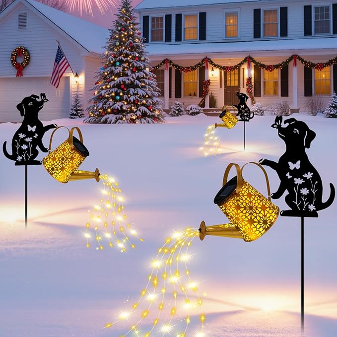 Garden Decor for Outside - Solar Watering Can with Lights, Metal Dog Silhouette Stake with Cascading Waterfall LEDs, Waterproof Yard Art for Lawn Patio, Unique Gardening Gifts for Women Mom 2 Pack