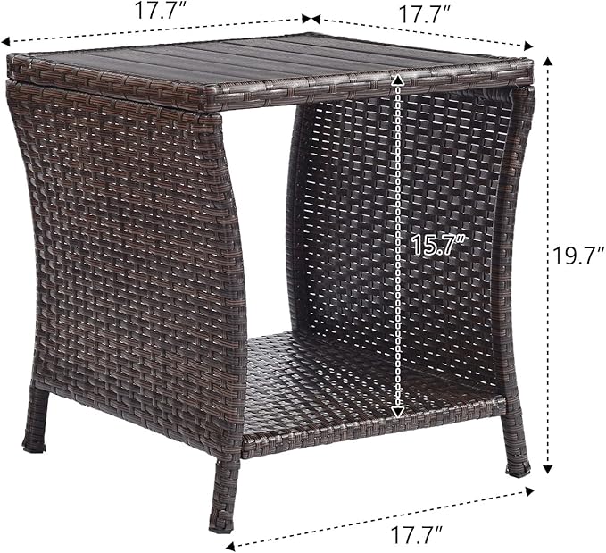 Outdoor Patio Side Table Set of 2 Small Brown Wicker Rattan End Table for Outside Storage Coffee Table with Poly Lumber Table Top for Garden Lawn Pool Porch Deck