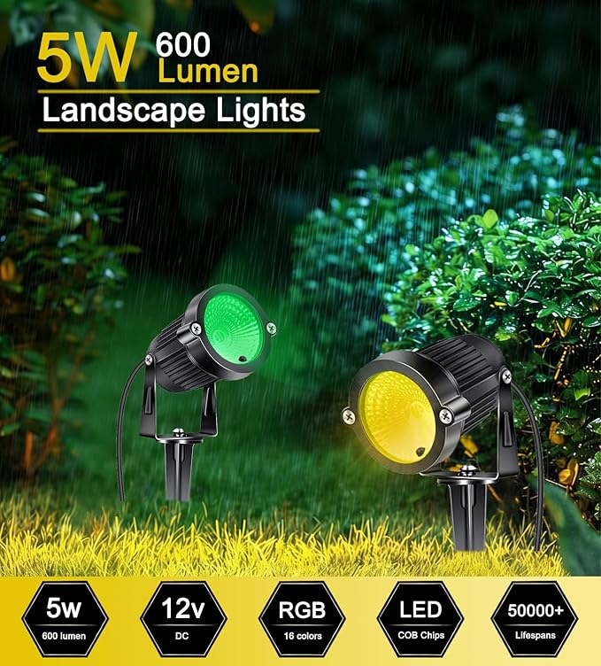 RGB Landscape Lights Low Voltage Color Changing LED Landscape Lighting IP66 Waterproof Outdoor Spotlight 5W 12V Remote Control Garden Pathway Christmas Decorative for Yard Path(16 Connector)