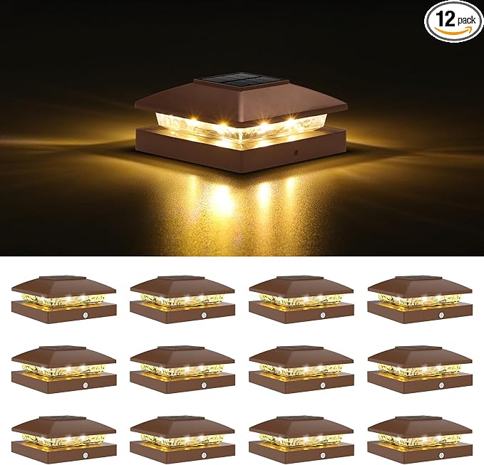 VOLISUN 4x4 Solar Post Cap Light 12pack,Solar Fence - Post Lights Brown Outdoor Waterproof for Wooden/Vinyl Post, with Warm White for Deck