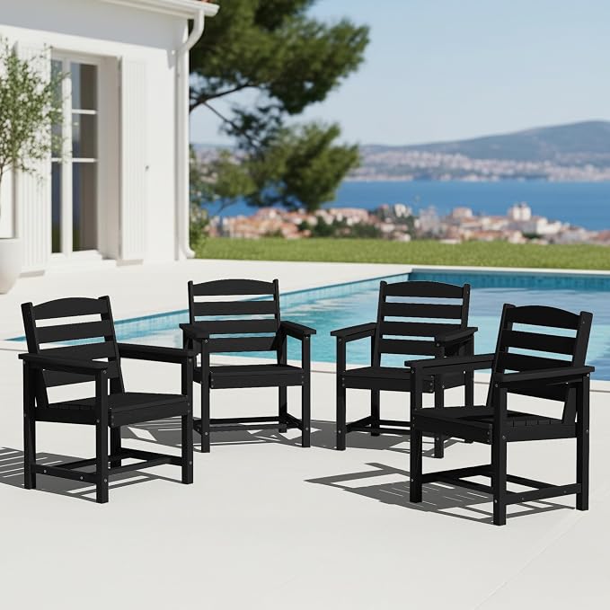 KINGYES All Weather Outdoor Dining Chairs Set of 4, HDPE Oversized Patio Chairs, Black